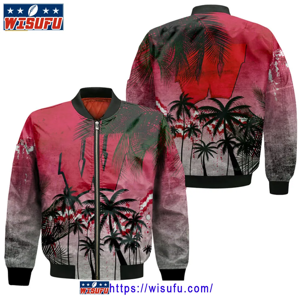 Wisconsin Badgers Coconut Tree Tropical Grunge Bomber Jacket