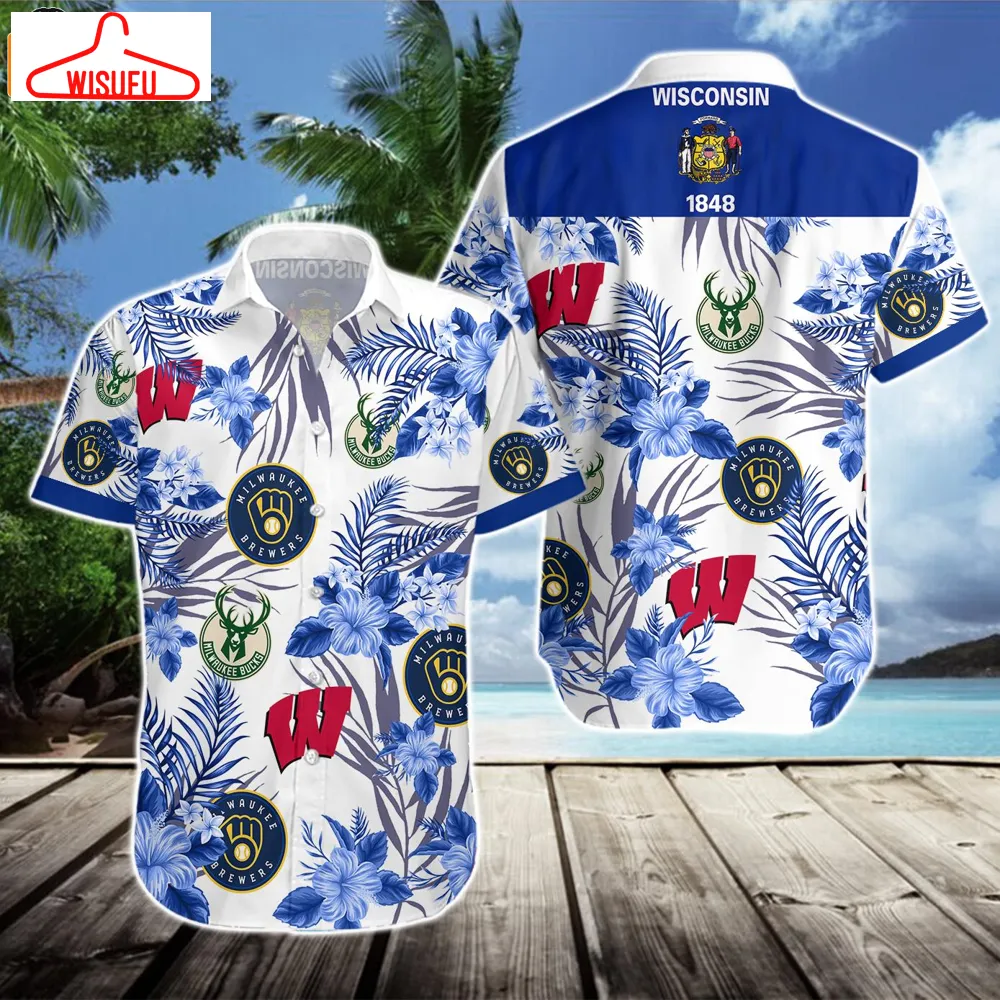 Wisconsin Badgers Milwaukee Brewers Milwaukee Bucks Blue Hawaiian Shirt, New Fashion Gifts