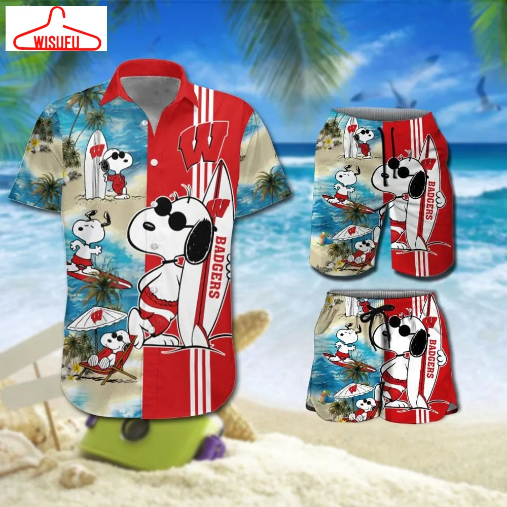 Wisconsin Badgers Snoopy Surfing On The Beach Hawaiian Shirt Beach Short, New Fashion Gifts