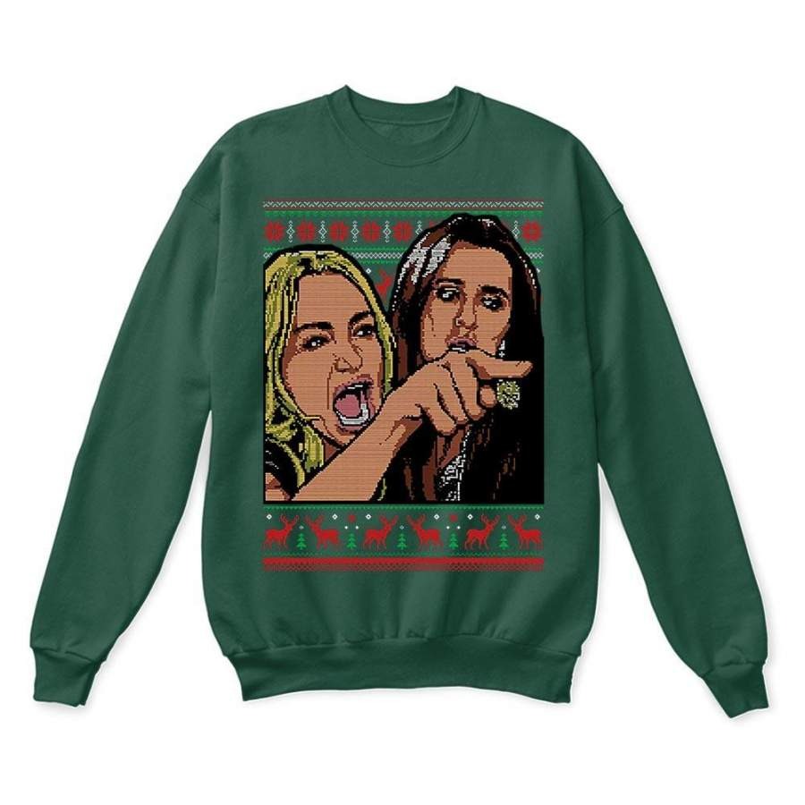 Woman Yelling At A Cat Meme First Half Christmas Ugly Sweatshirt-Greeen