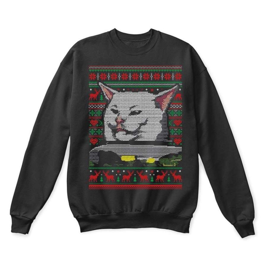 Woman Yelling At A Cat Meme Smudge the Cat Christmas Ugly Sweatshirt-Black