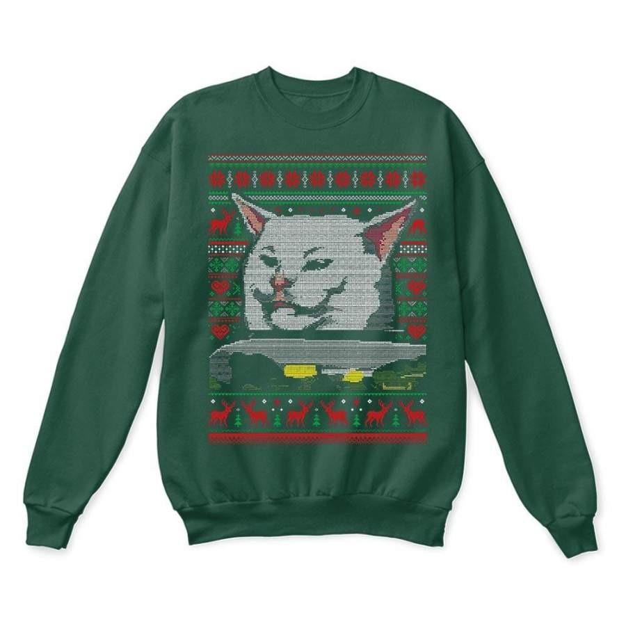 Woman Yelling At A Cat Meme Smudge the Cat Christmas Ugly Sweatshirt-Green