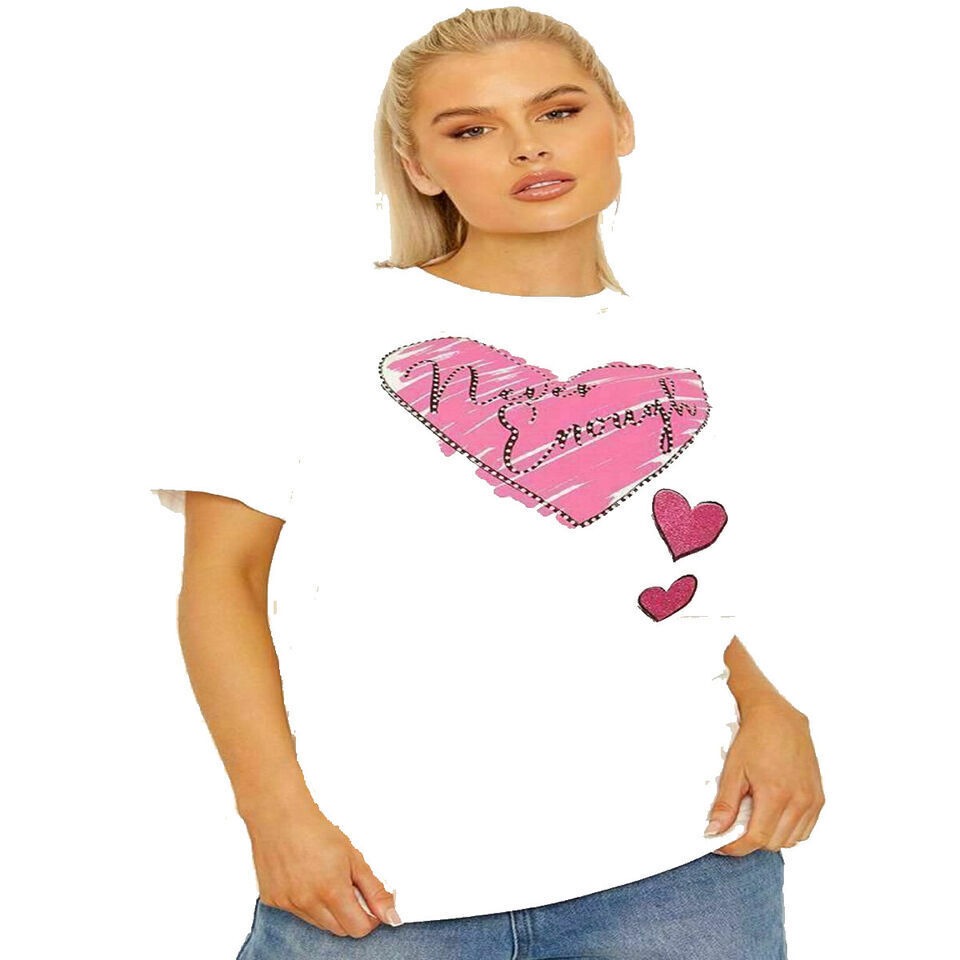 Womans Never Enough Slogan Love Hearts Print Shirt Valentines Day T Shirt Top UK