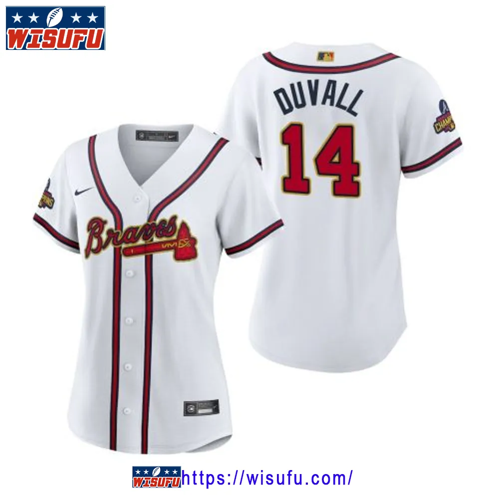 Women's Adam Duvall 14 Atlanta Braves White 2024-23 Gold Program Jersey