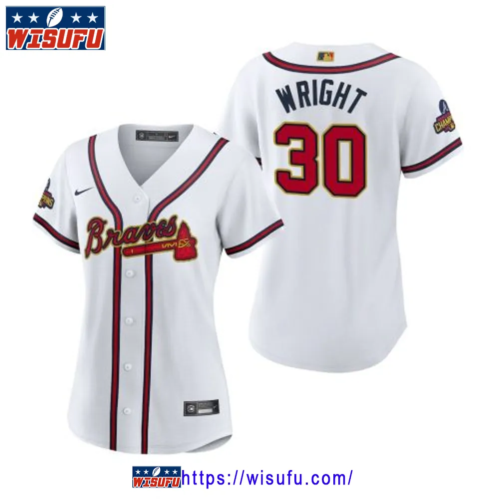 Women's Kyle Wright 30 Atlanta Braves White 2024-23 Gold Program Jersey