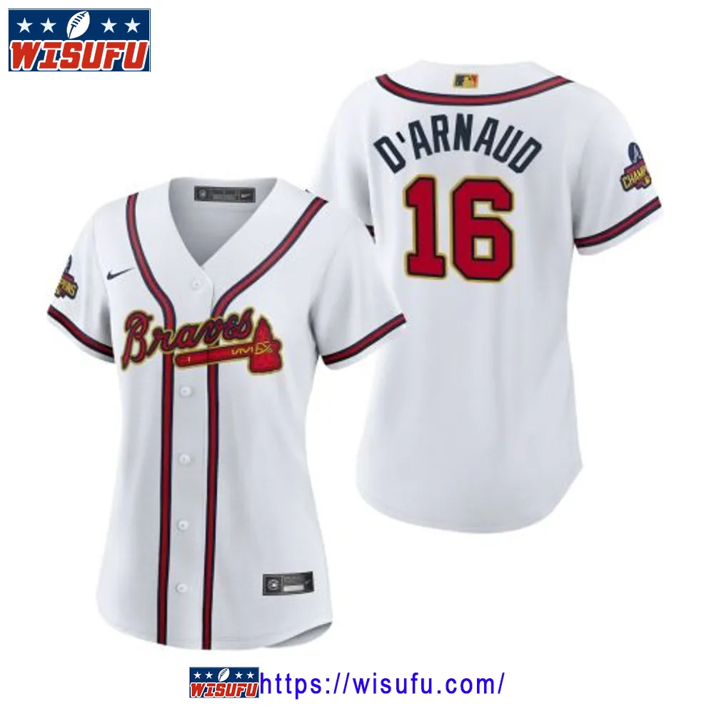 Women's Travis D'arnaud 16 Atlanta Braves White 2024-23 Gold Program Jersey