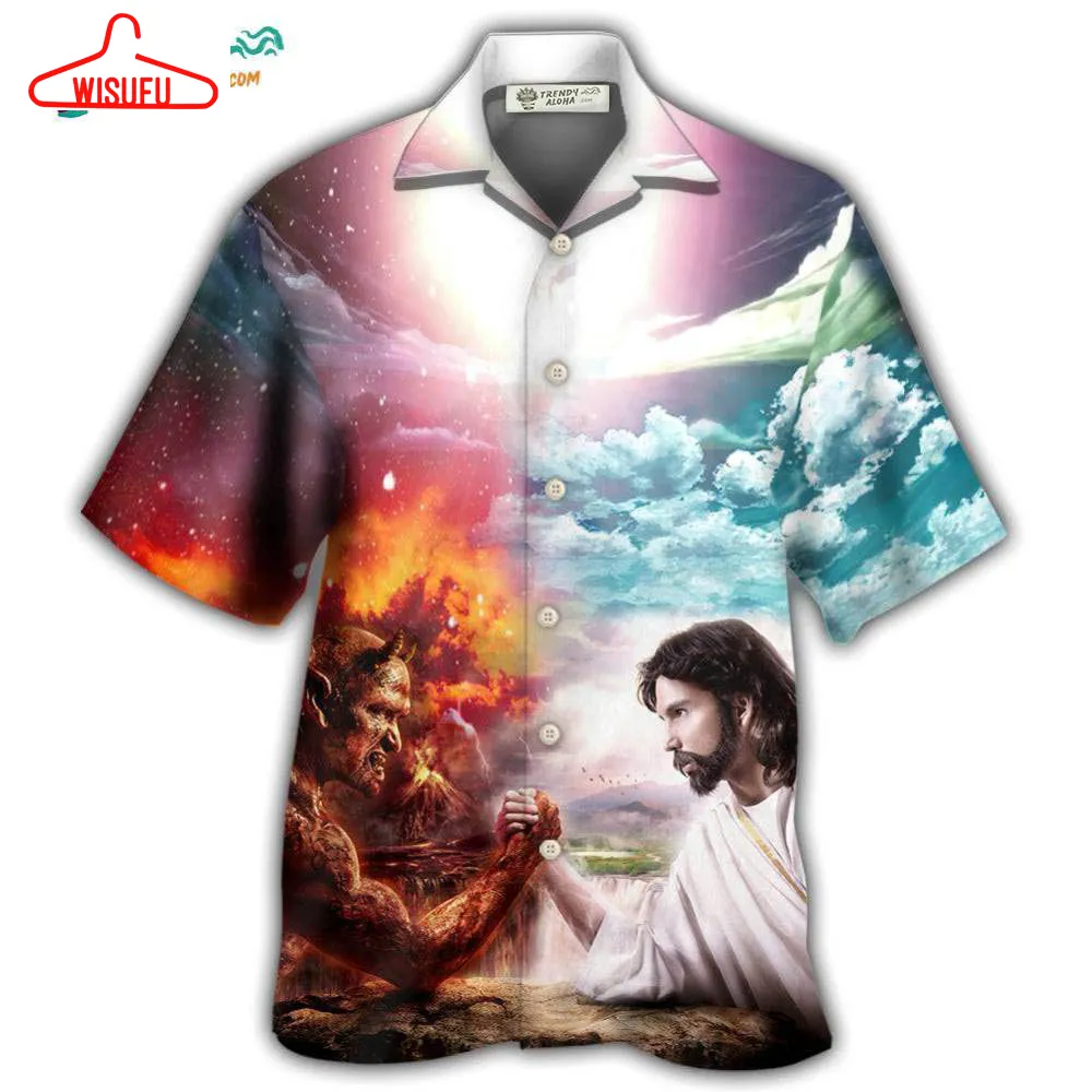 Wrestling Arm Wrestling Jesus Vs Satan Hawaiian Shirt- Wisufu Aloha