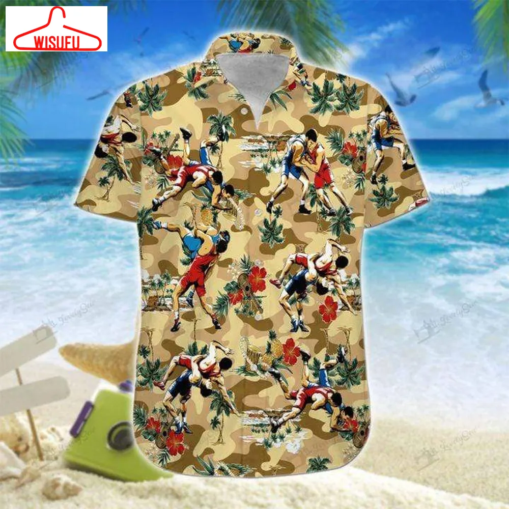 Wrestling Brown Camo Unisex Hawaiian Shirts - Beach Shorts, New Hawaiian Holiday Outfits, New Fashion Gifts