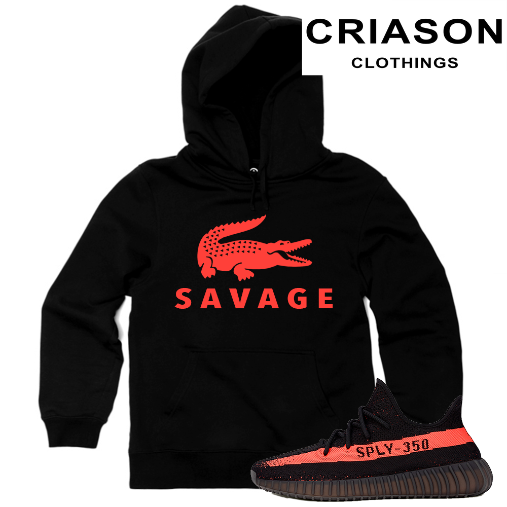 Yeezy Boost 350 V2 Black Red Match  Savage  Black Hoodie - Criason Store