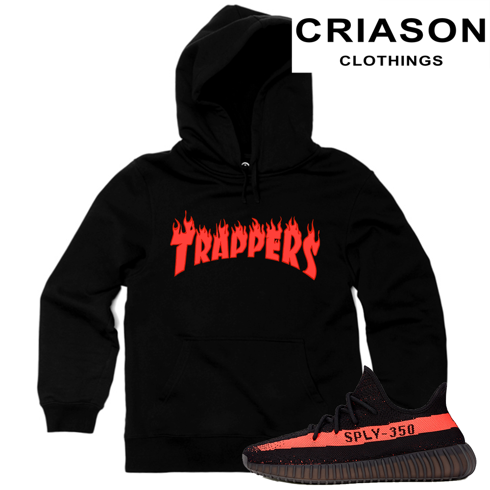 Yeezy Boost 350 V2 Black Red Match  Trappers Fire Logo  Black Hoodie - Criason Store