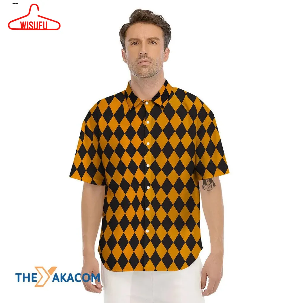 Yellow And Black Harlequin Pattern Halloween Hawaiian Shirt, New Fashion Gifts