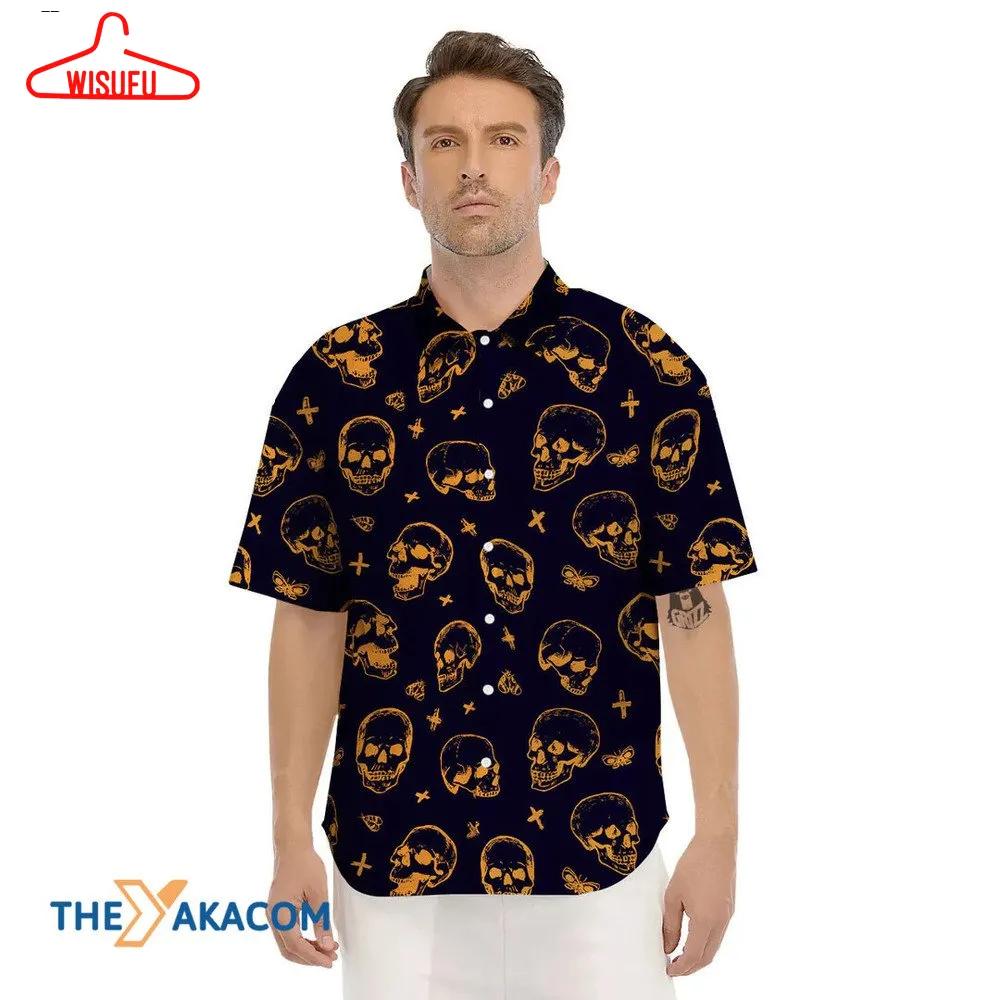 Yellow Skull And Cross Black Halloween Hawaiian Shirt, New Fashion Gifts