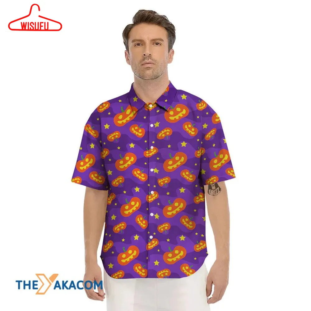 Yellow Stars And Pumpkin Violet Halloween Hawaiian Shirt, New Fashion Gifts