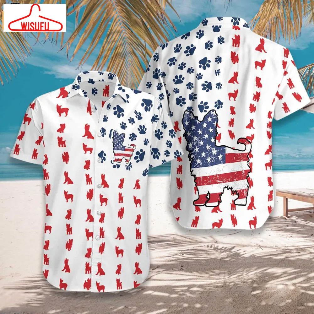 Yorkie American Flag White Hawaiian Shirt, New Fashion Gifts