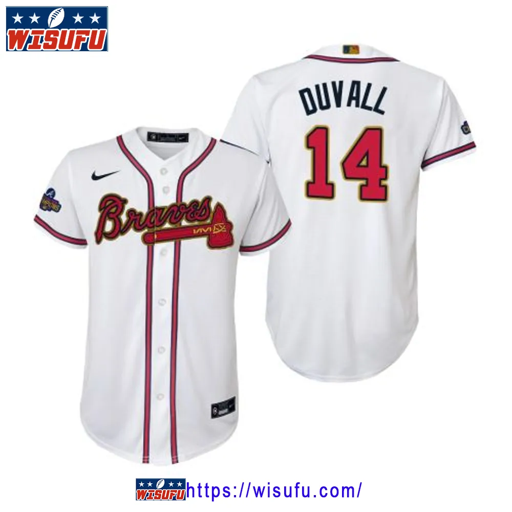 Youth Adam Duvall 14 Atlanta Braves White 2024-23 Gold Program Jersey