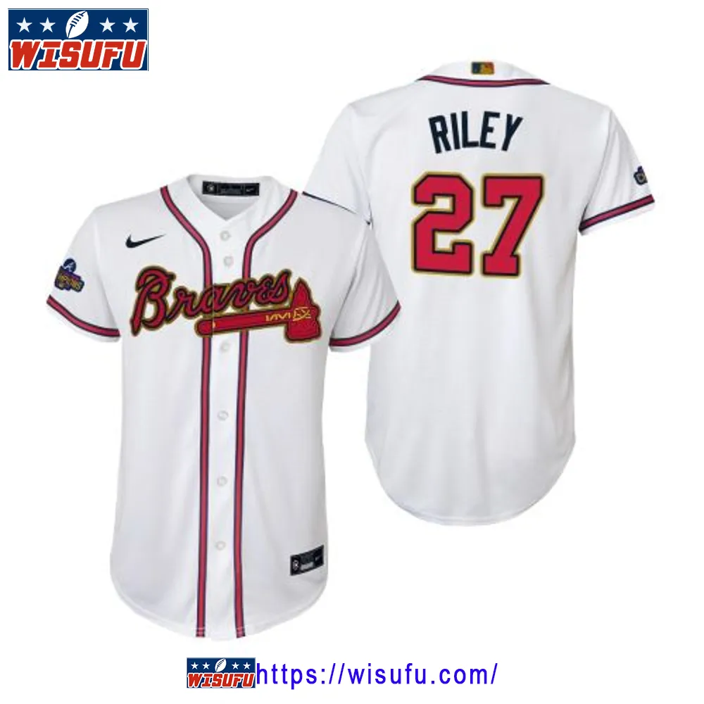 Youth Austin Riley 27 Atlanta Braves White 2024-23 Gold Program Jersey