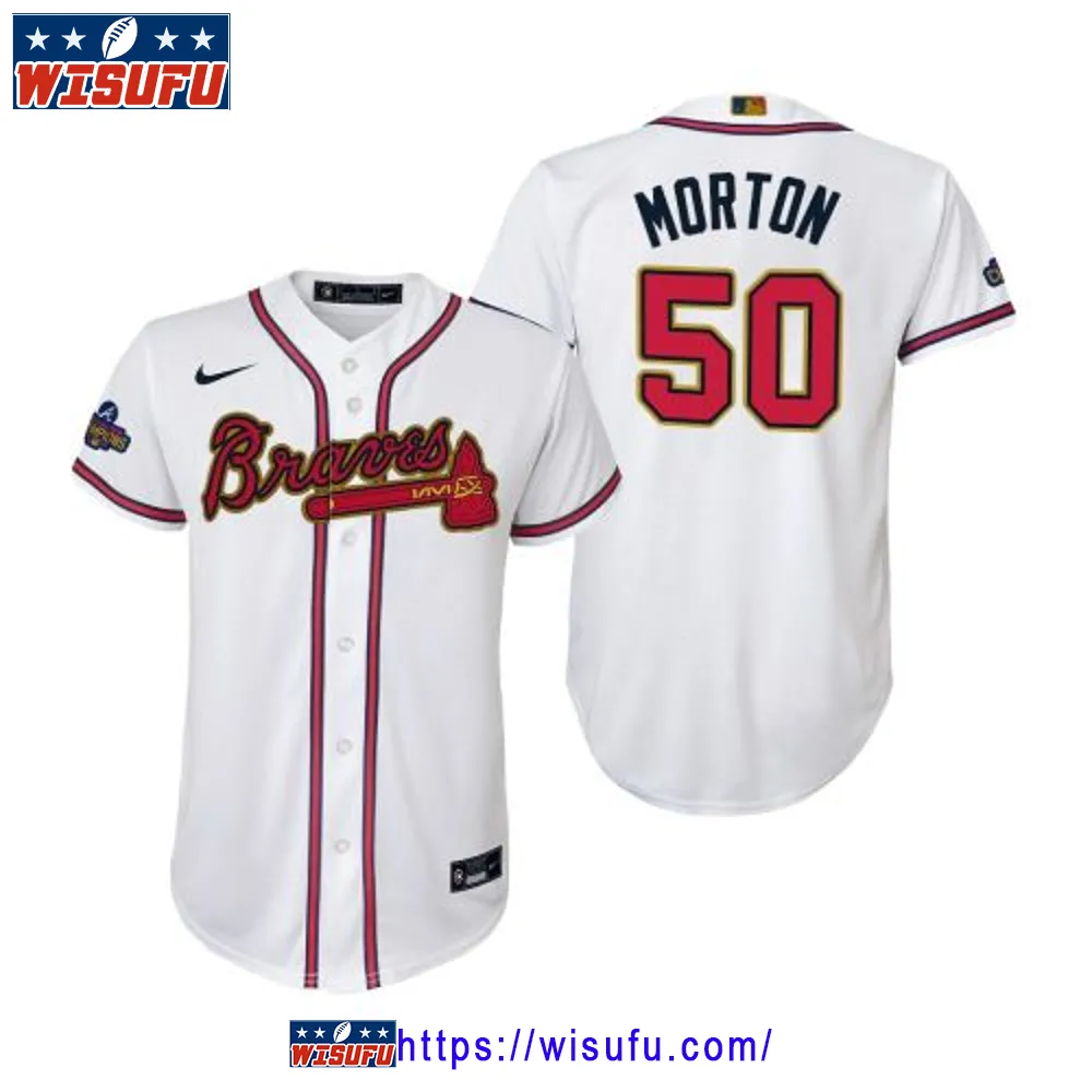 Youth Charlie Morton 50 Atlanta Braves White 2024-23 Gold Program Jersey