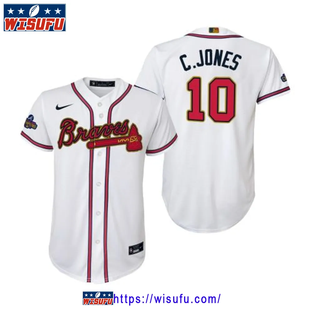 Youth Chipper Jones 10 Atlanta Braves White 2024-23 Gold Program Jersey