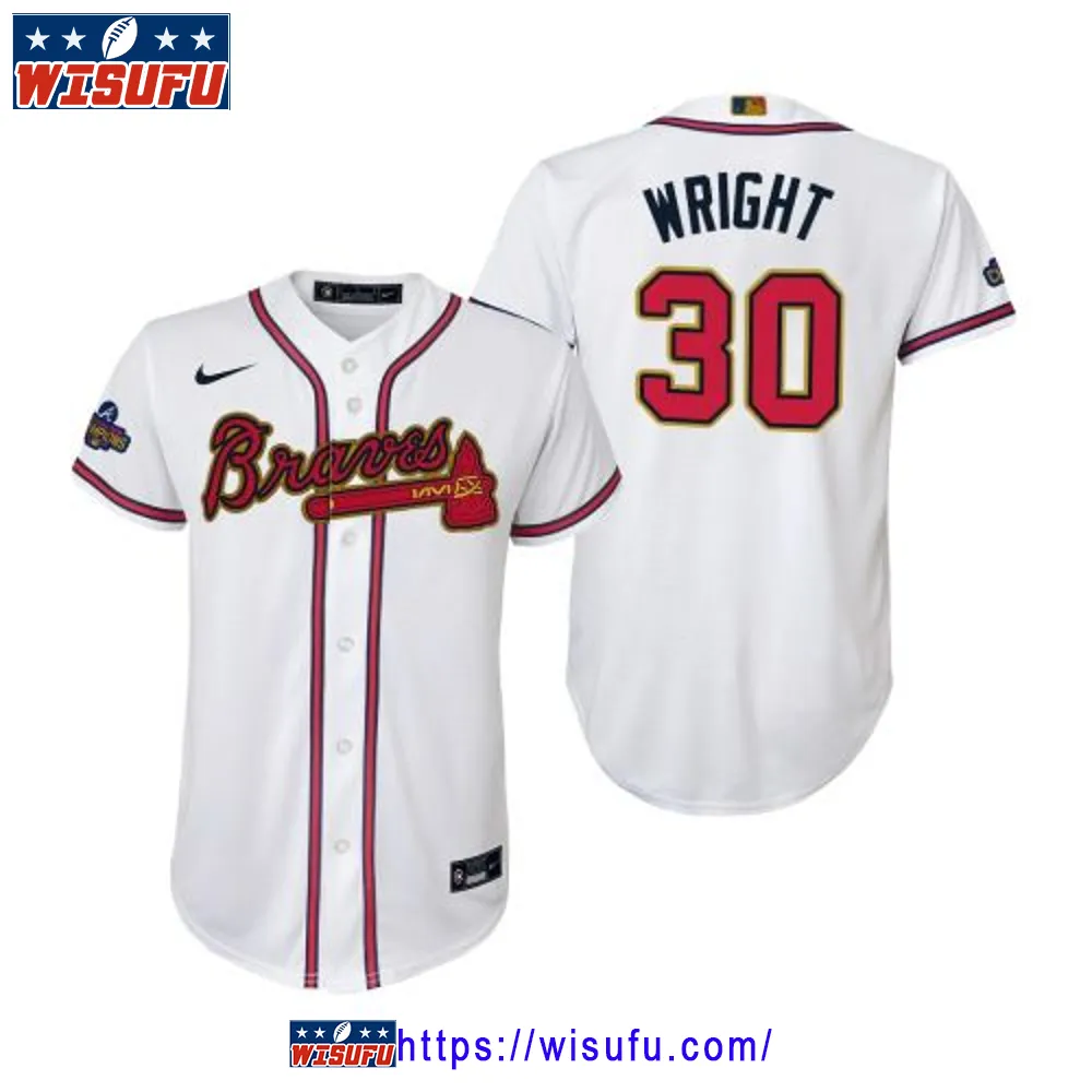 Youth Kyle Wright 30 Atlanta Braves White 2024-23 Gold Program Jersey