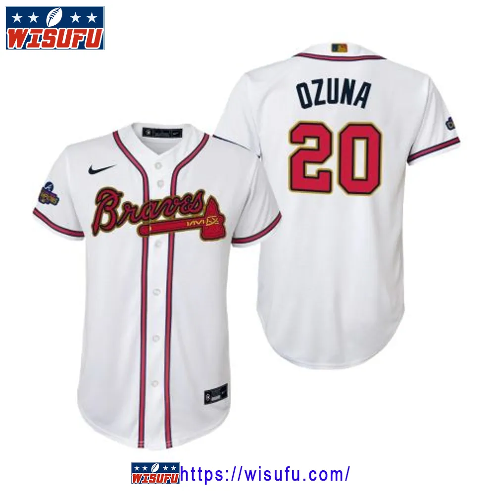 Youth Marcell Ozuna 20 Atlanta Braves White 2024-23 Gold Program Jersey