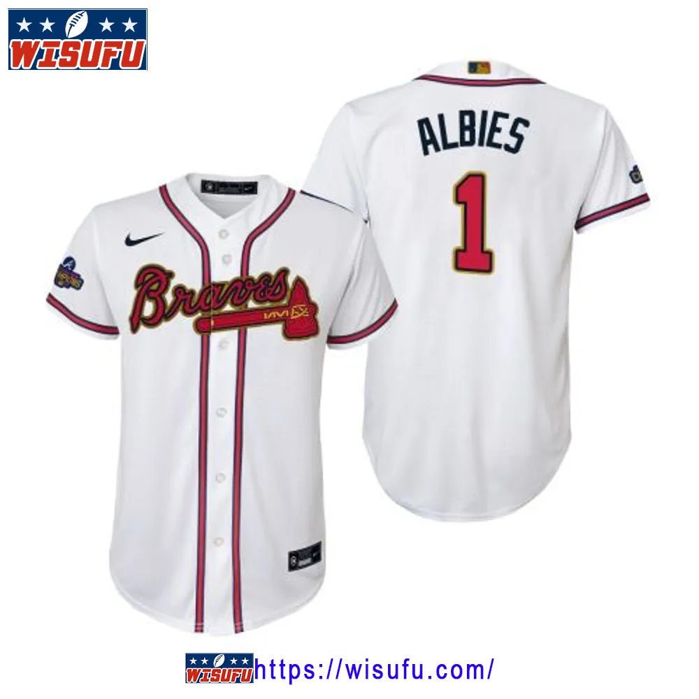 Youth Ozzie Albies 1 Atlanta Braves White 2024-23 Gold Program Jersey