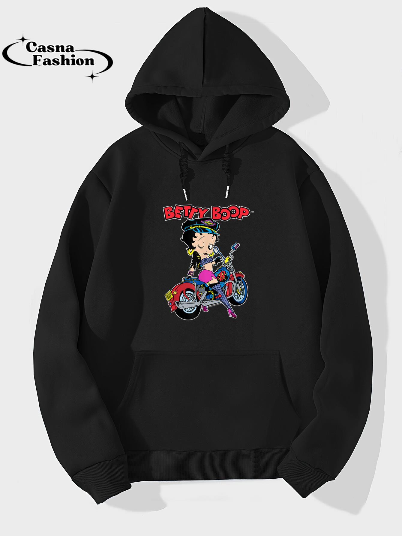 casnafashion_Hoodie_Betty Boop Biker Outfit Motorcycle Pose T-Shirt_hoodie_black hoodie