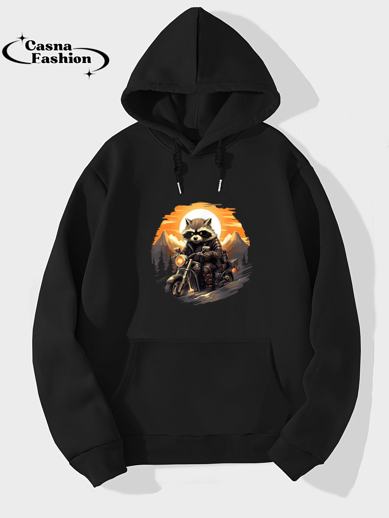 casnafashion_Hoodie_Biker Racoon Riding Motorcycle T-Shirt_hoodie_black hoodie