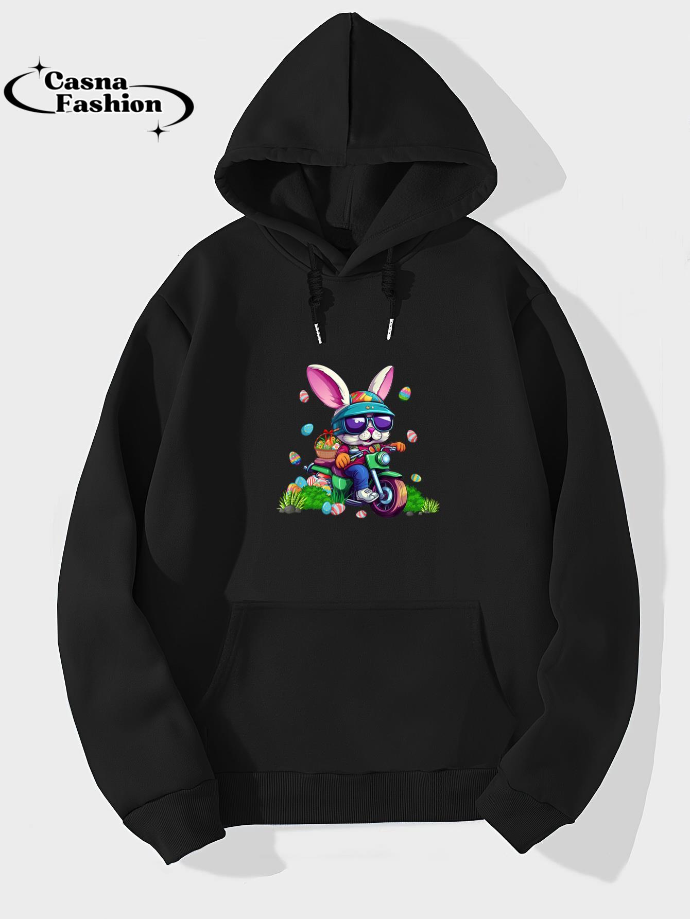 casnafashion_Hoodie_Bunny Riding Motorcycle Easter Eggs Basket Men Women T-Shirt_hoodie_black hoodie