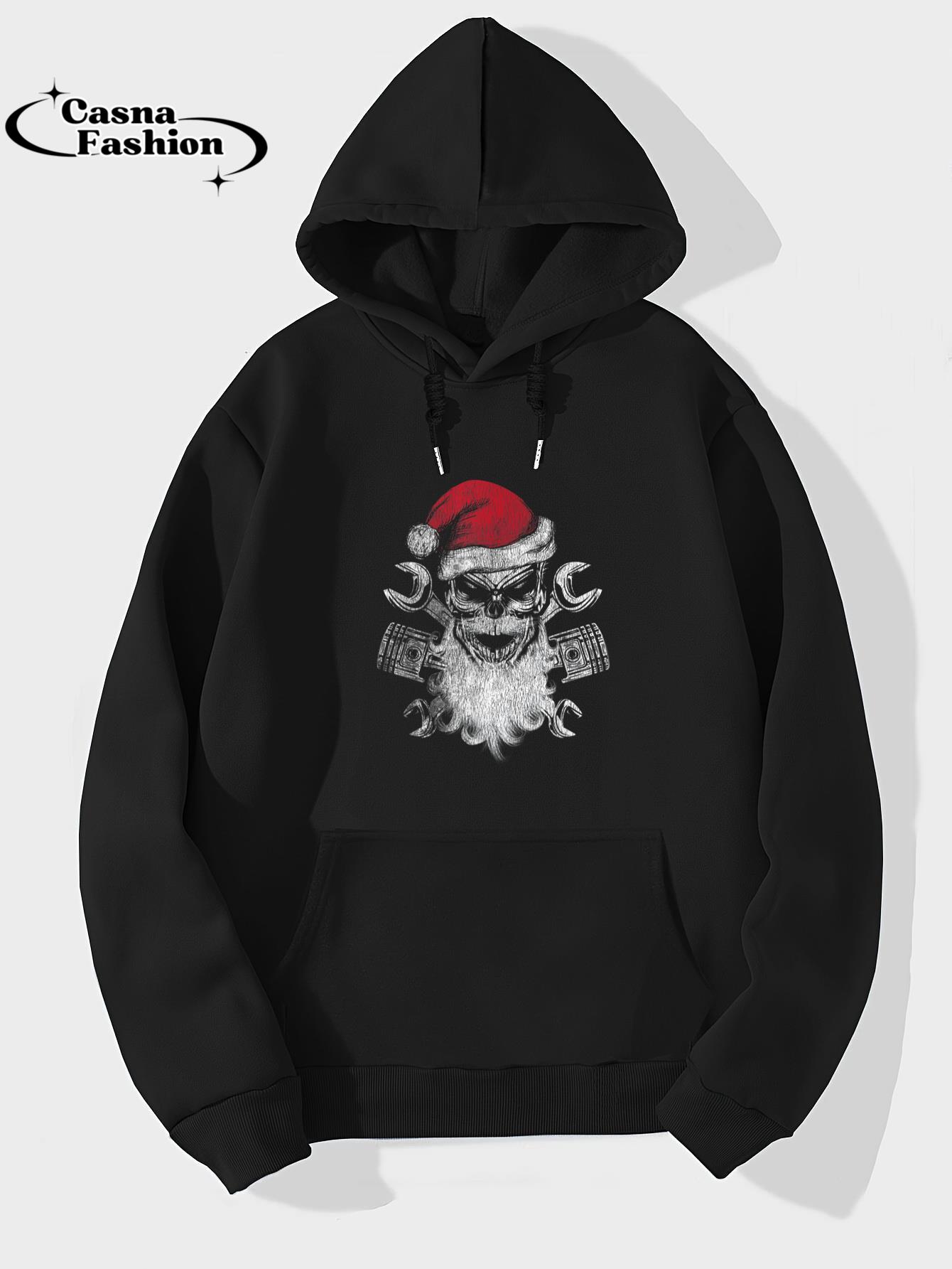 casnafashion_Hoodie_Christmas Biker Motorcycle Holiday Santa Skull Distressed T-Shirt_hoodie_black hoodie