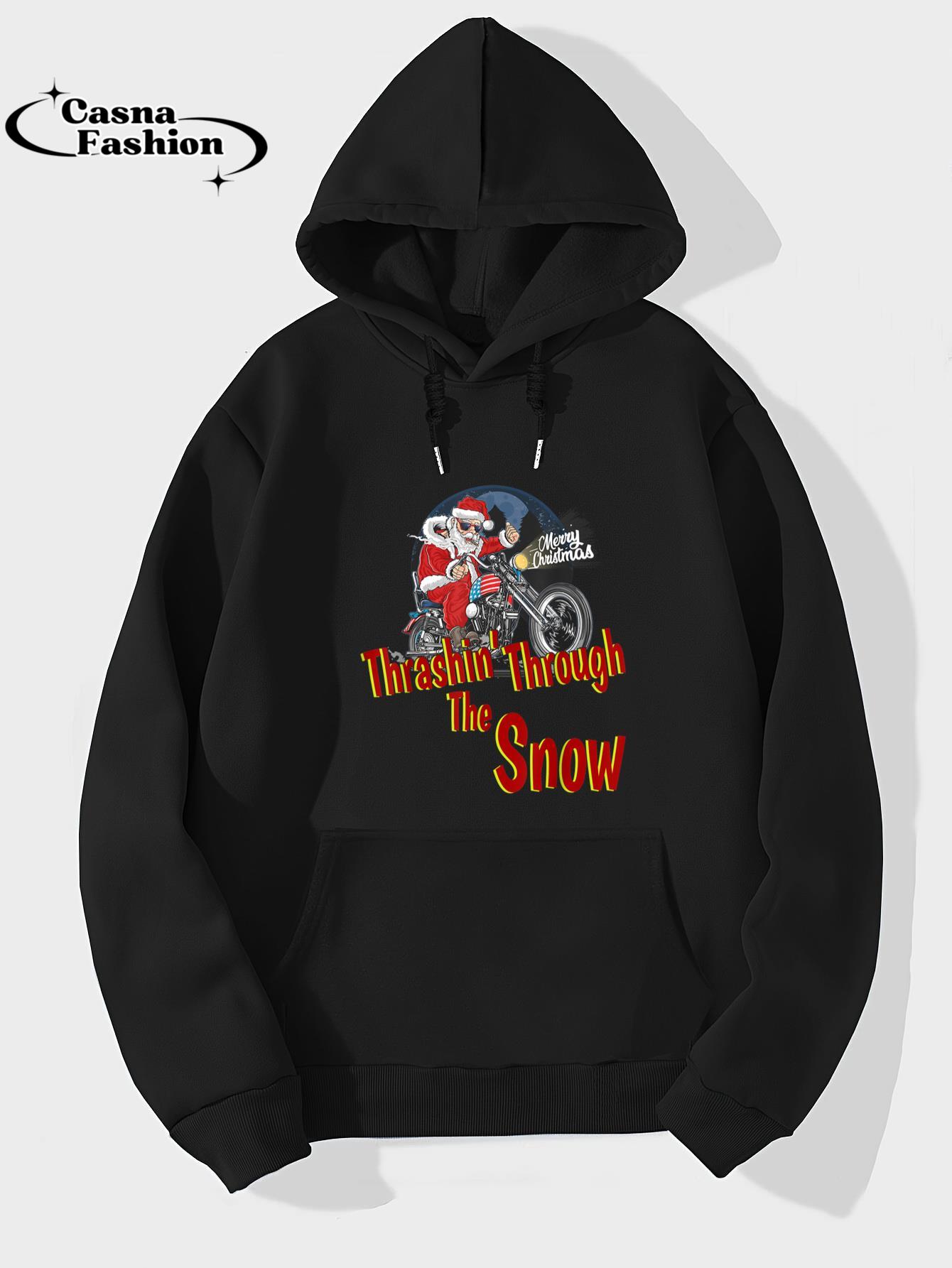 casnafashion_Hoodie_Christmas Biker Santa Motorcycle Thrashin' Through The Snow T-Shirt_hoodie_black hoodie