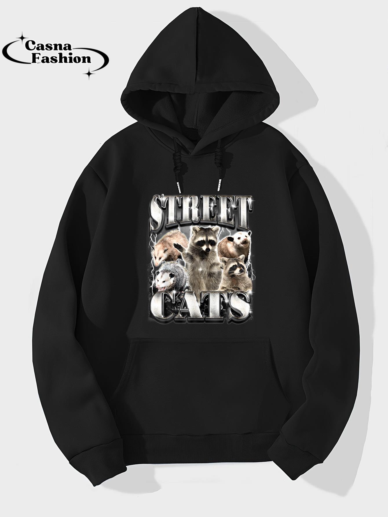 casnafashion_Hoodie_Funny Street Cats Raccoon Possum Vintage Bootleg Rap Style T-Shirt_hoodie_black hoodie