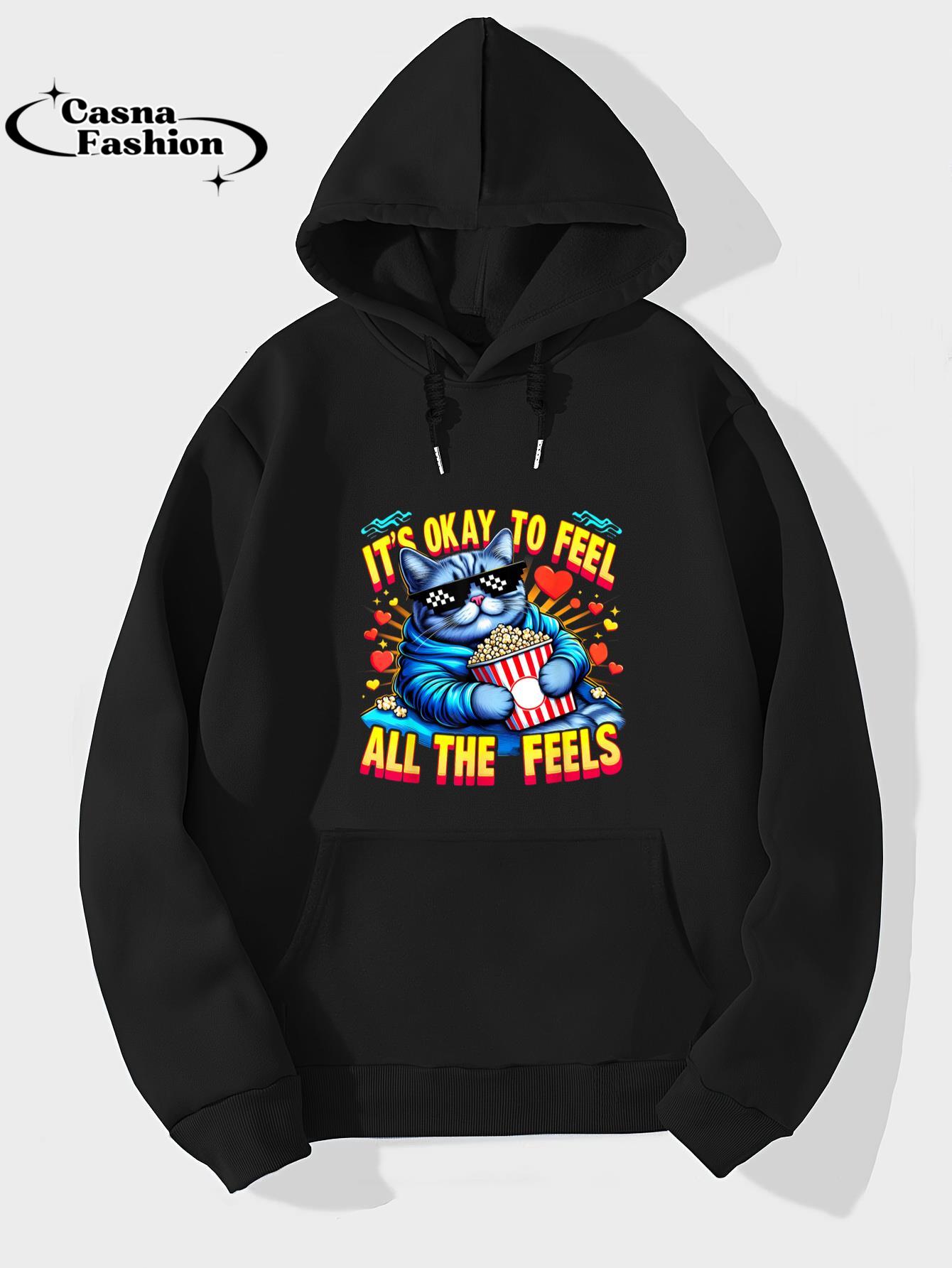 casnafashion_Hoodie_It's Okay To Feel All The Feels Funny Cat Meme Watch Movie T-Shirt_hoodie_black hoodie