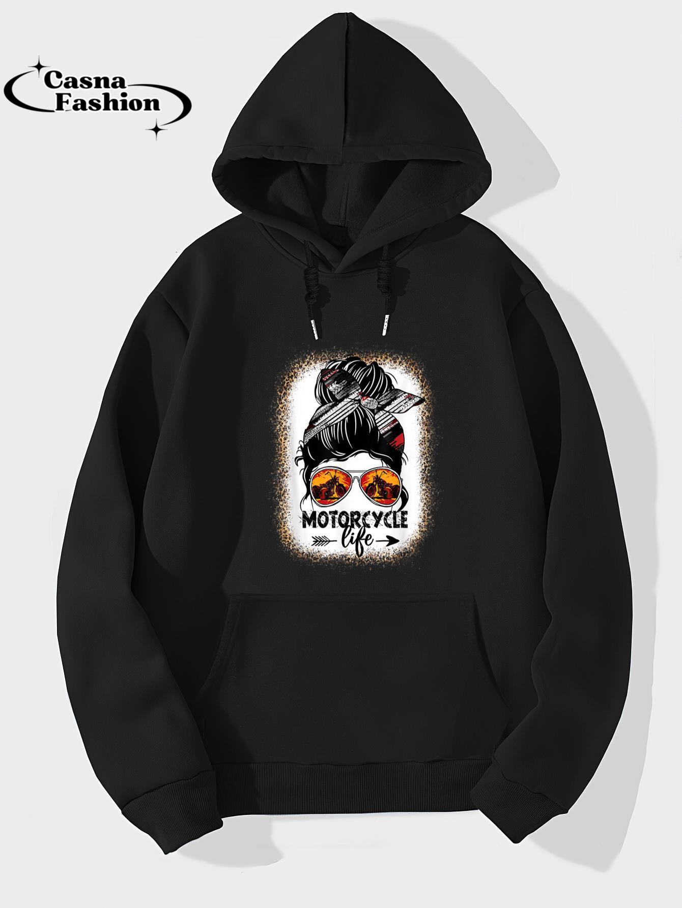 casnafashion_Hoodie_Leopard Messy Bun Hair Woman Motorcycle Life Biker Girl T-Shirt_hoodie_black hoodie