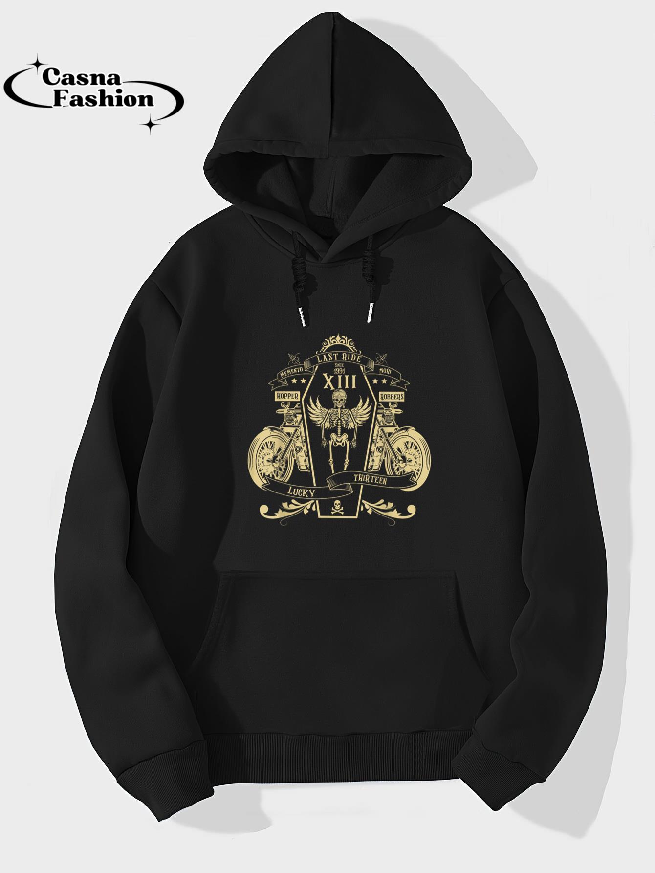 casnafashion_Hoodie_Lucky 13 Thirteen Memento Mori Last Ride Skeleton Biker T-Shirt_hoodie_black hoodie