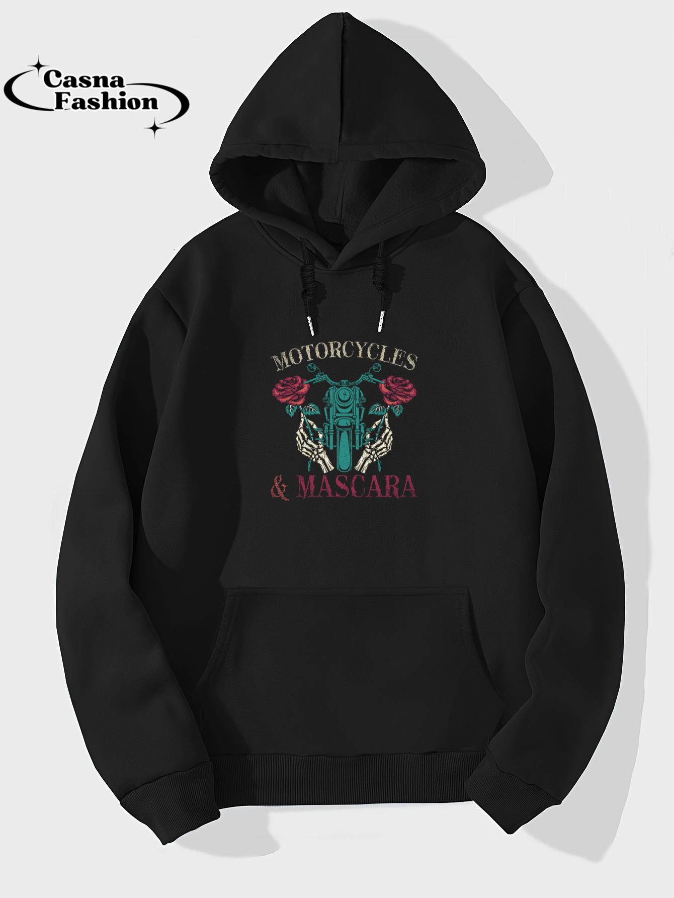 casnafashion_Hoodie_Motorbike Riding Women Motorcycles And Mascara Roses Biker Pullover Hoodie_hoodie_black hoodie