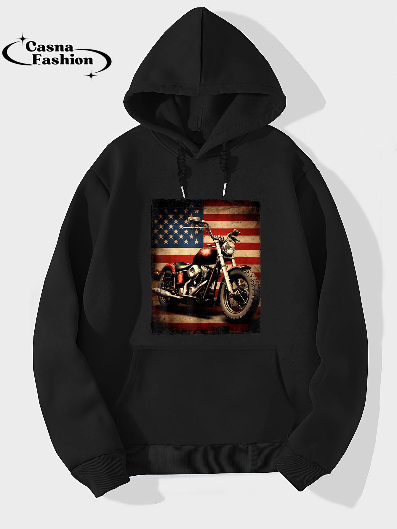 casnafashion_Hoodie_Motorcycle USA Flag Retro Biker T-Shirt_hoodie_black hoodie