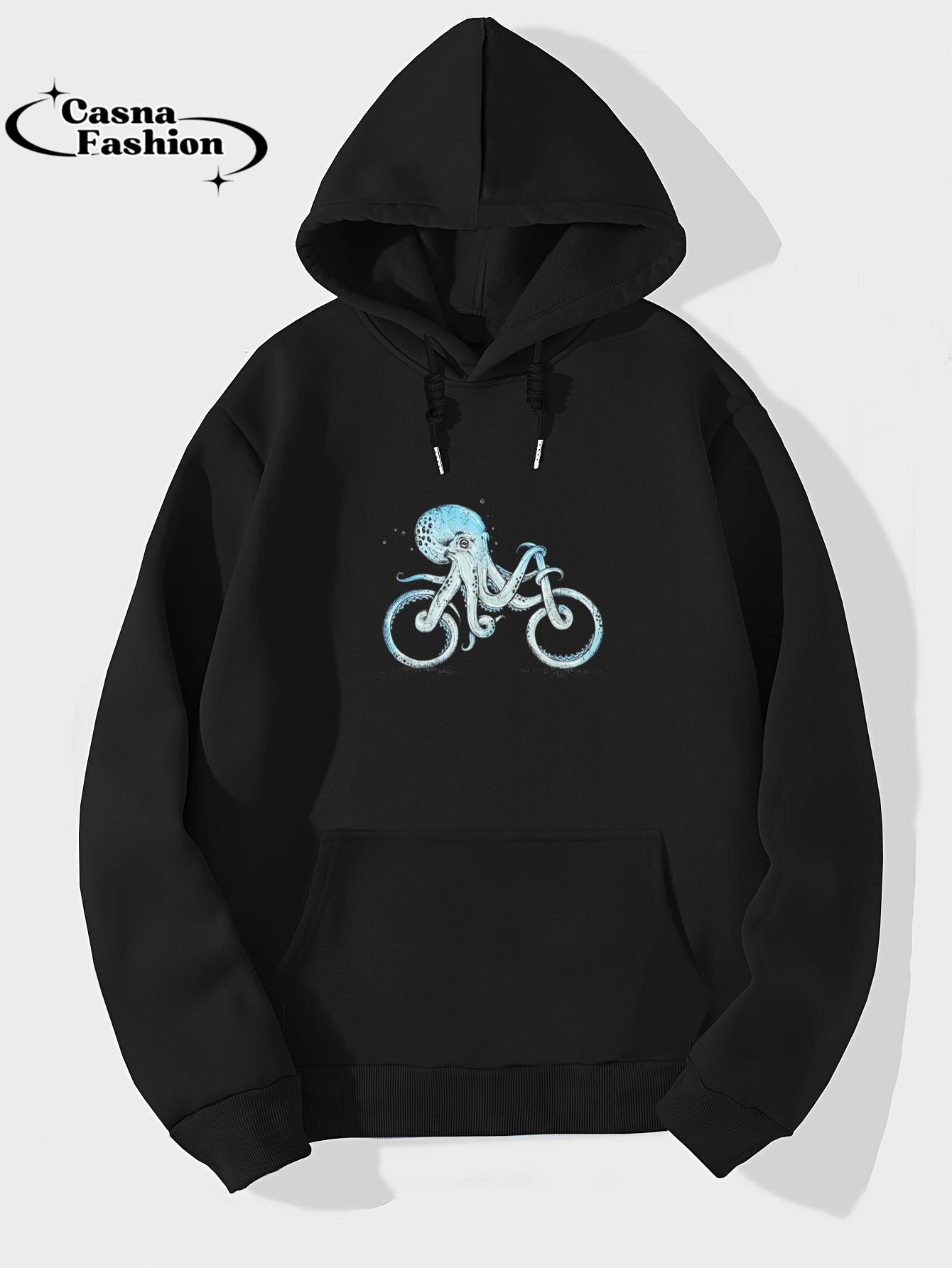 casnafashion_Hoodie_Octopus Riding A Bike Biker Biking Cycle Cycling T-Shirt_hoodie_black hoodie