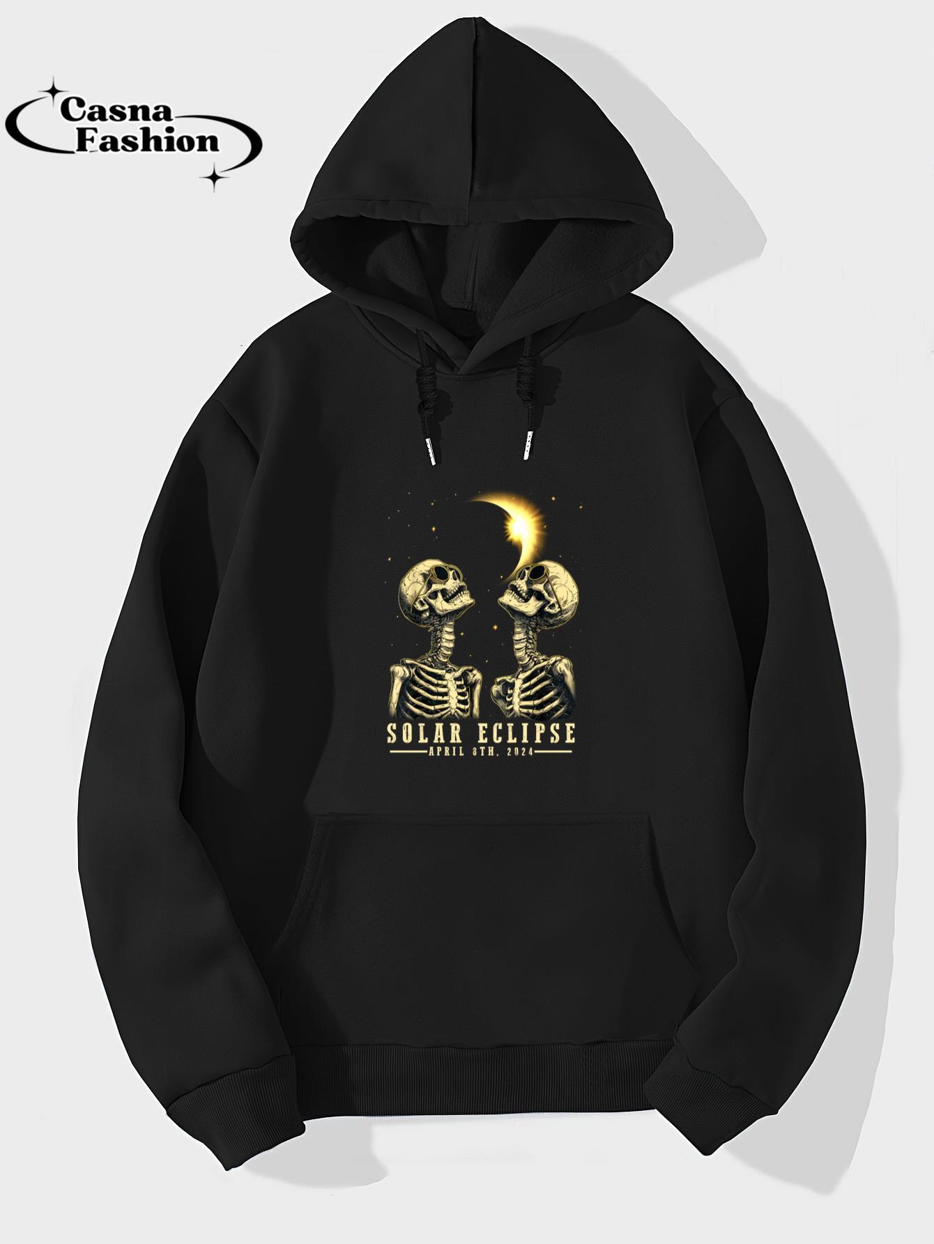 casnafashion_Hoodie_Retro Total Solar Eclipse 2024 Skeleten Shirt For Men Women Sweatshirt_hoodie_black hoodie
