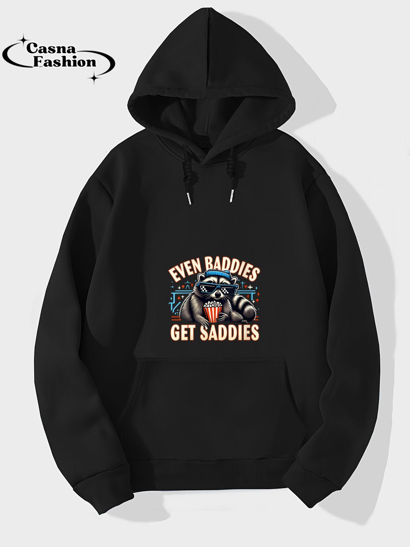 casnafashion_Hoodie_Womens Funny Racoon Meme Mental Health Even Baddies Get Saddies V-Neck T-Shirt_hoodie_black hoodie