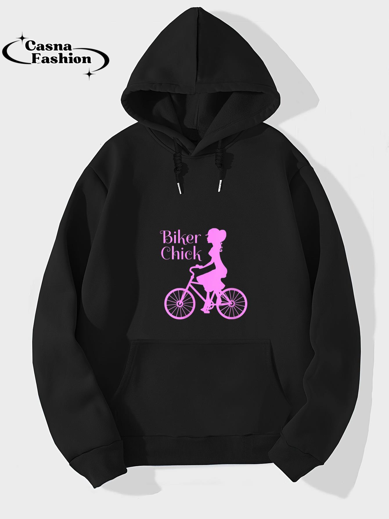 casnafashion_Hoodie_Womens Vintage Bike Biker Chick On Bicycle Quote Pink Print T Shirt V-Neck T-Shirt_hoodie_black hoodie