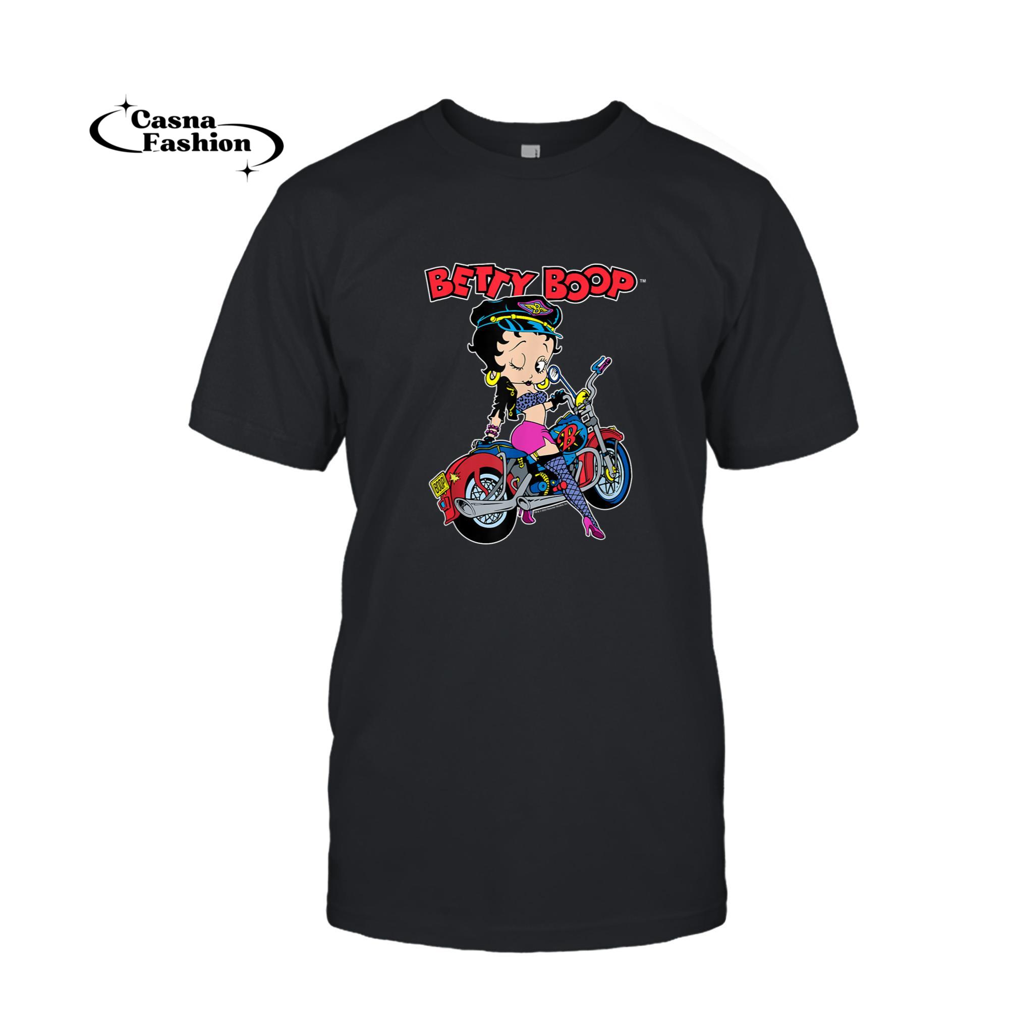 casnafashion_T-shirt_Betty Boop Biker Outfit Motorcycle Pose T-Shirt_T-shirt_Black