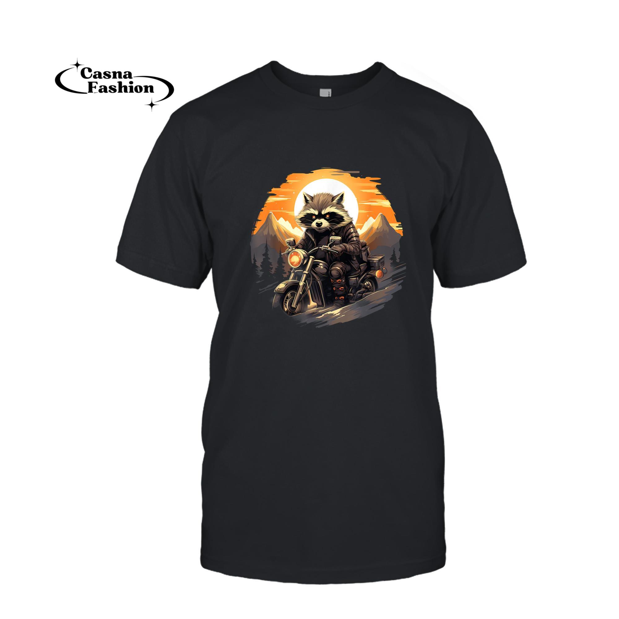 casnafashion_T-shirt_Biker Racoon Riding Motorcycle T-Shirt_T-shirt_Black