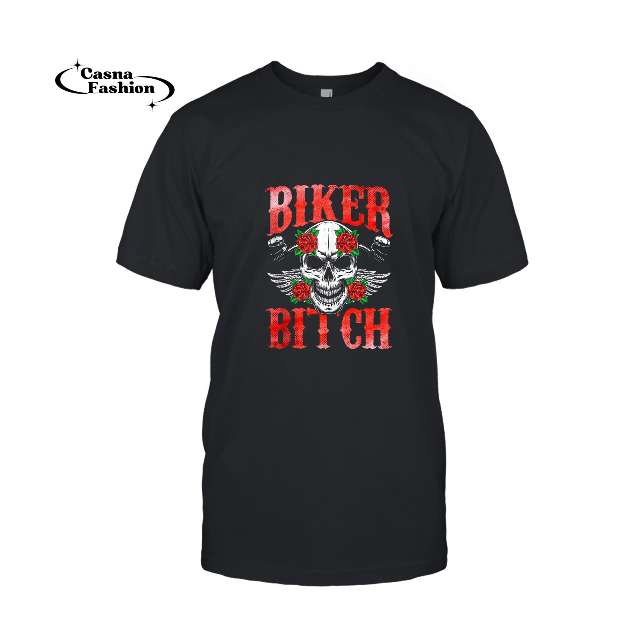 casnafashion_T-shirt_Biker Skull Motorcycle Sexy Bitch Babe Chick Red Rose Gift Tank Top_T-shirt_Black