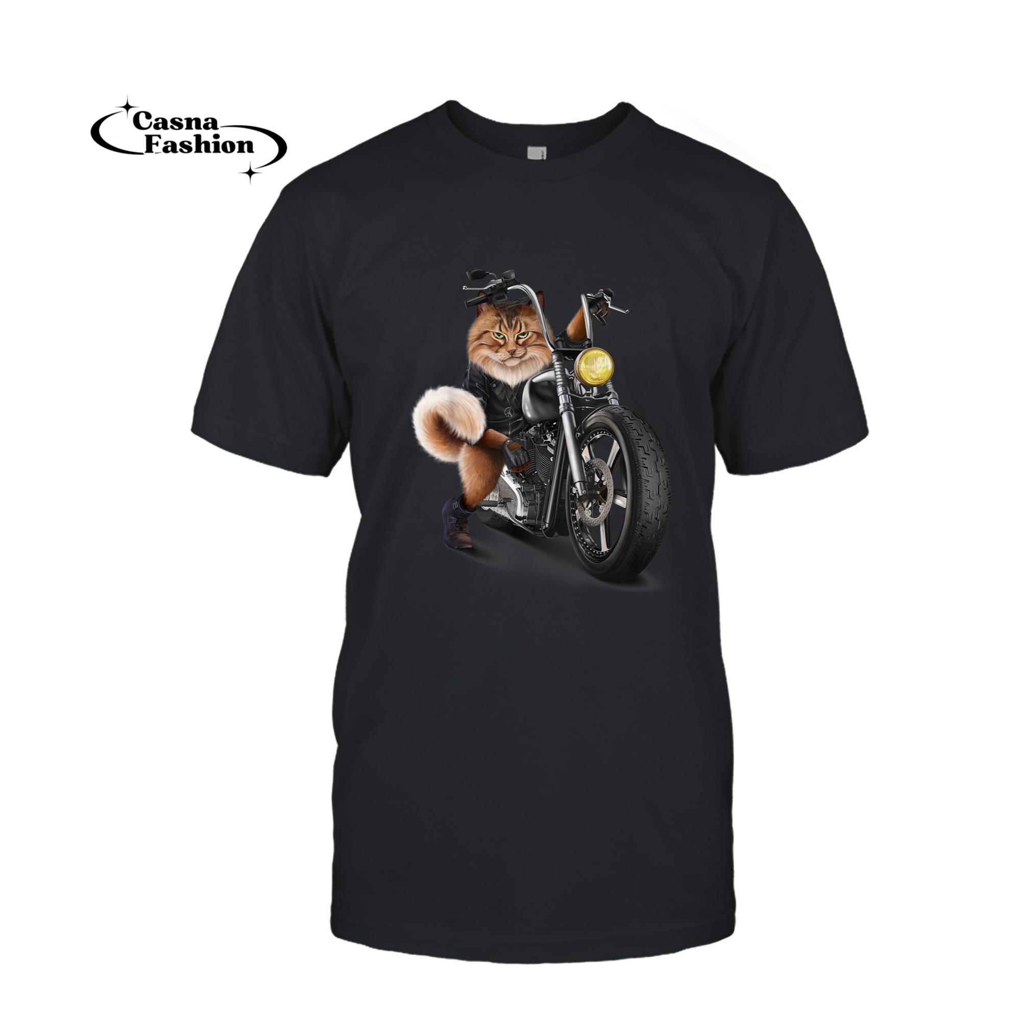 casnafashion_T-shirt_Biker Tabby Cat Riding Chopper Motorcycle T-Shirt_T-shirt_Black