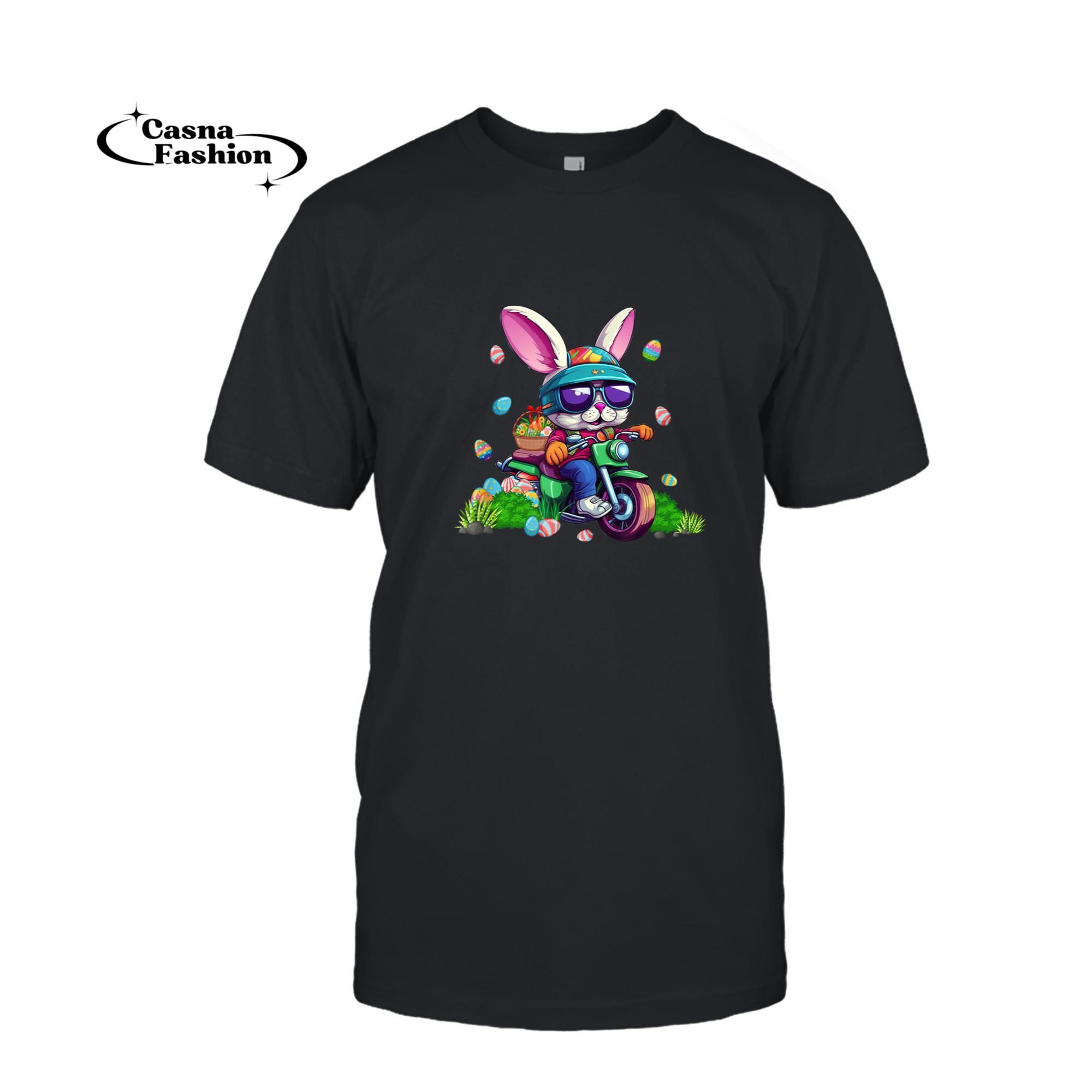 casnafashion_T-shirt_Bunny Riding Motorcycle Easter Eggs Basket Men Women T-Shirt_T-shirt_Black