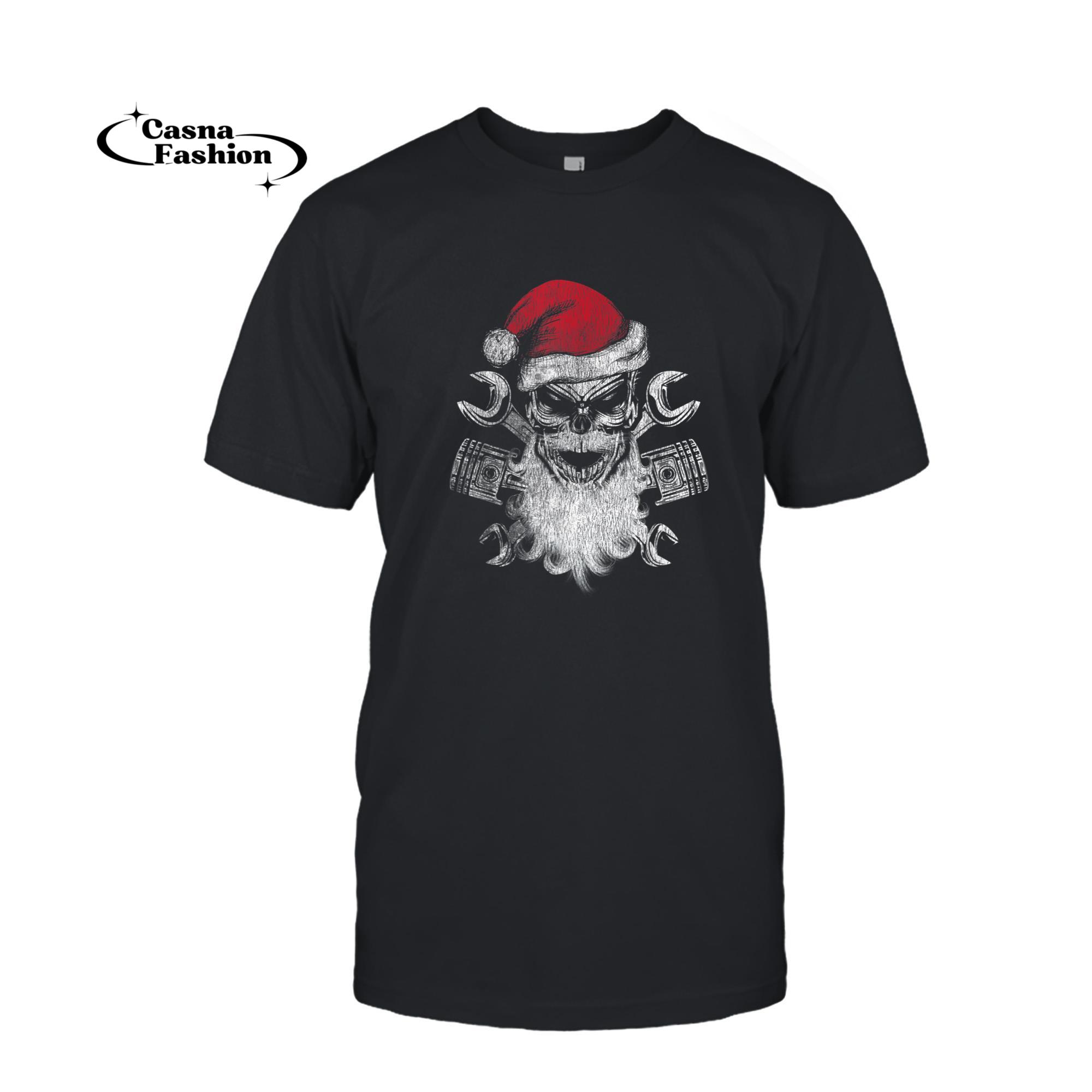 casnafashion_T-shirt_Christmas Biker Motorcycle Holiday Santa Skull Distressed T-Shirt_T-shirt_Black