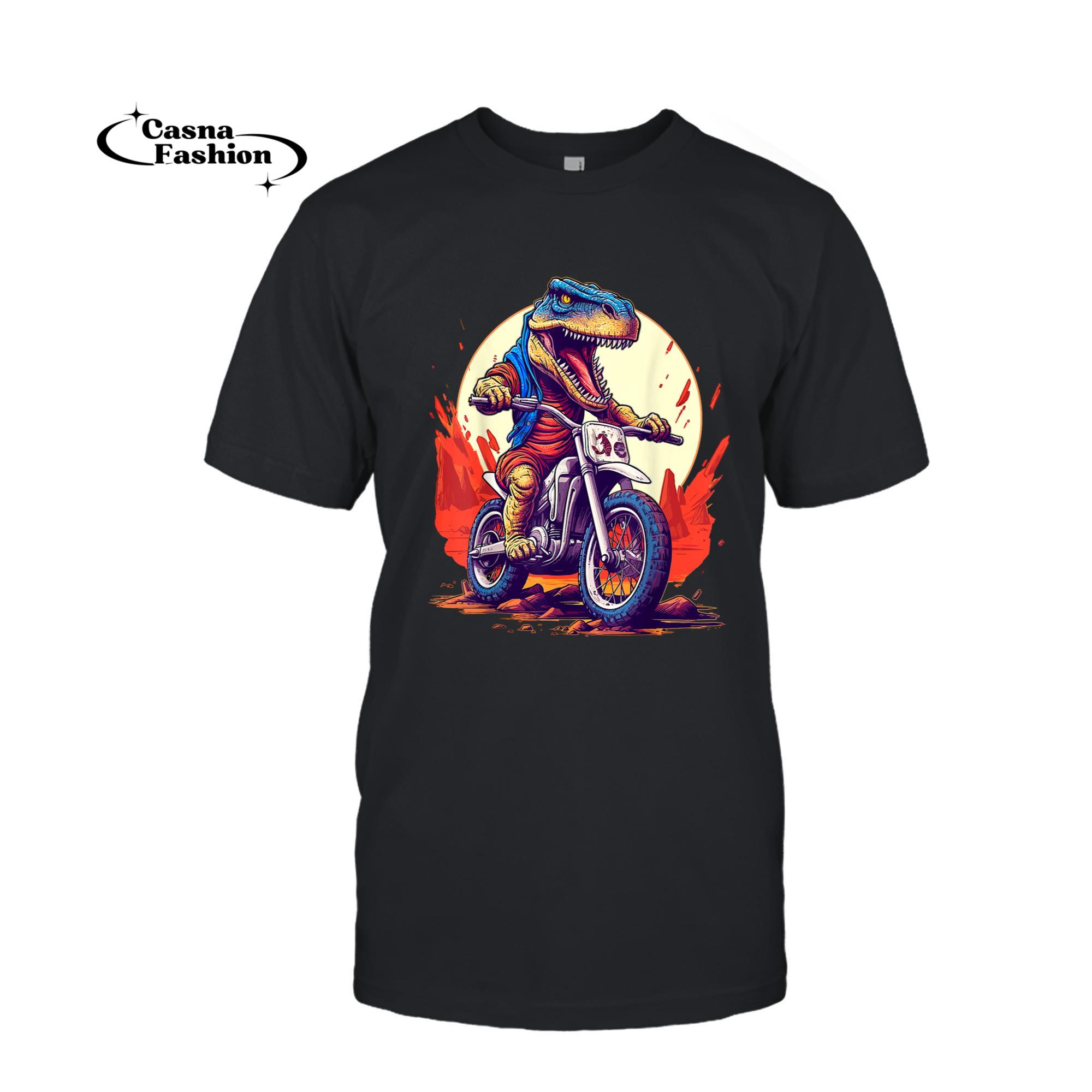 casnafashion_T-shirt_Dinosaur Motor Bike Riding Funny Dirt Bike Biker T Rex T-Shirt_T-shirt_Black