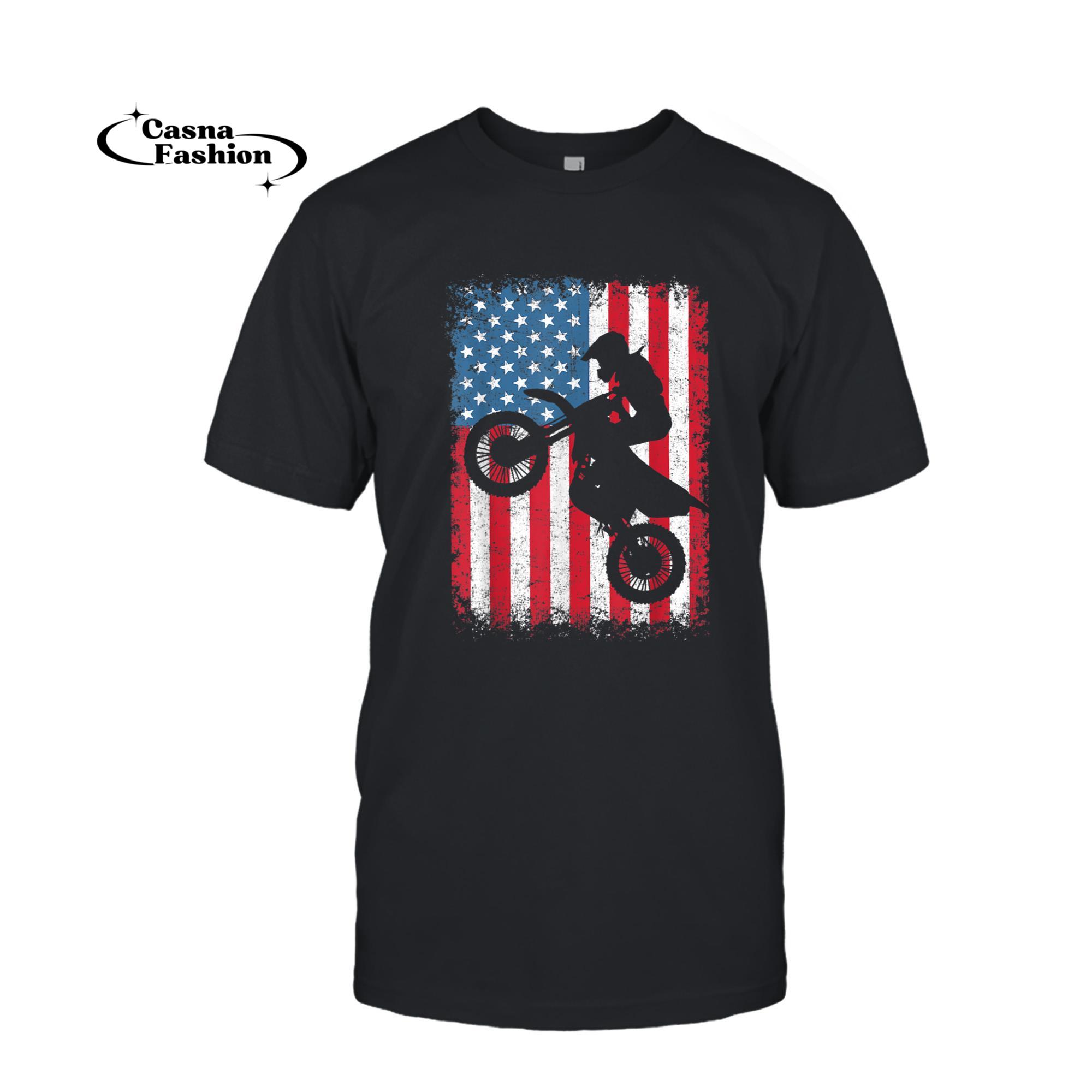 casnafashion_T-shirt_Dirt Bike American Flag Motocross Biker 4th of July T-Shirt_T-shirt_Black