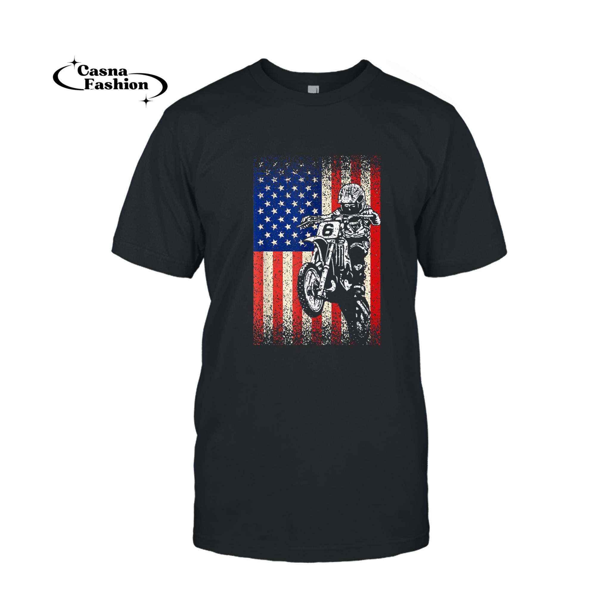 casnafashion_T-shirt_Dirt Bike American Flag Motocross Biker Gift 4th of July T-Shirt_T-shirt_Black