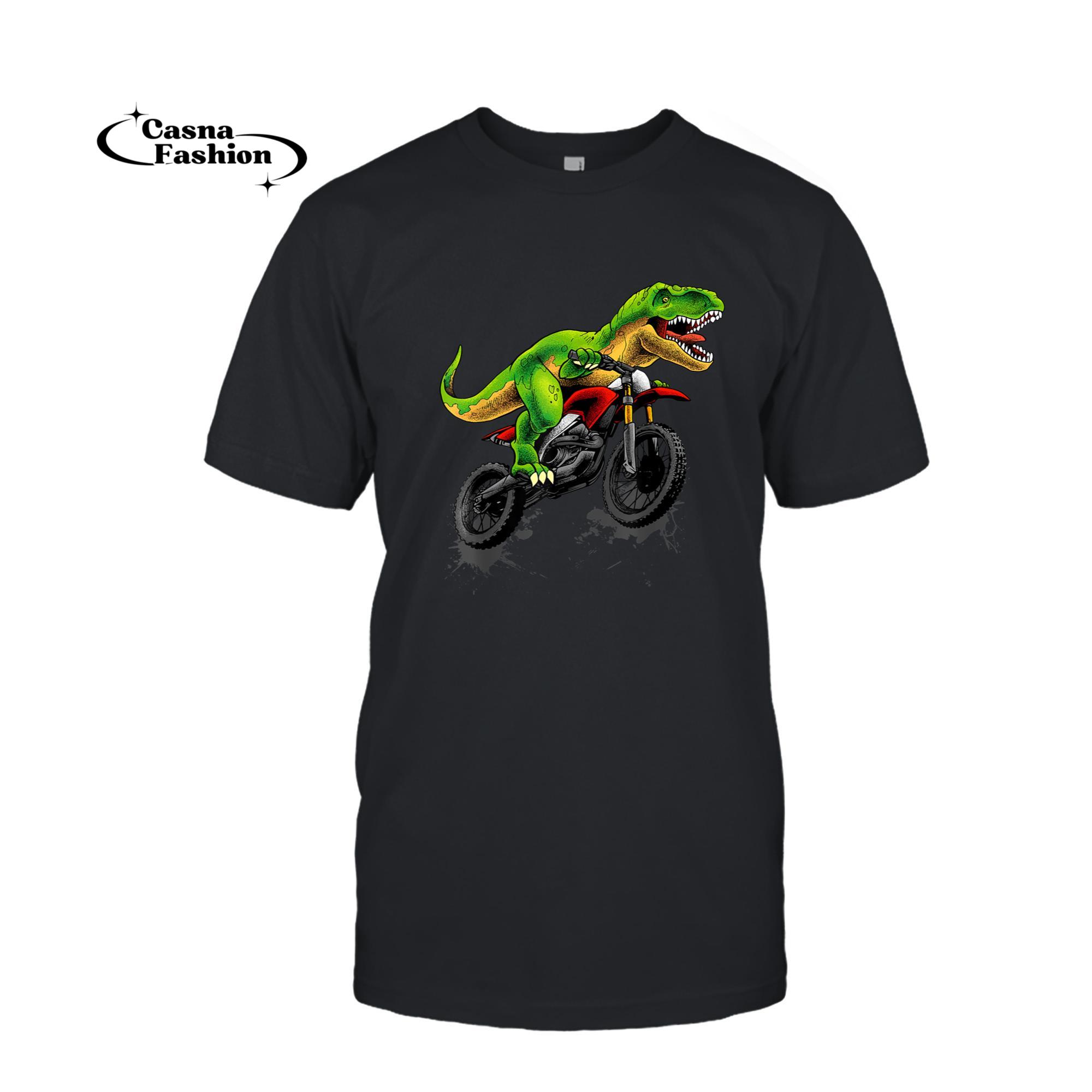 casnafashion_T-shirt_Funny Dirt Bike For Men Boys Kids Dinosaur Motorcycle Riding T-Shirt_T-shirt_Black